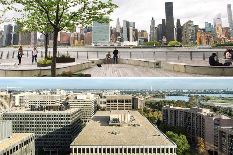 (top) View of Manhattan from Gantry Park in Long Island City; (bottom) View of Washington, D.C. from Crystal City, Virginia