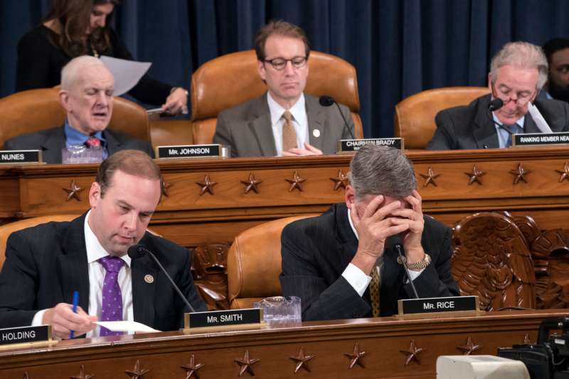 The House Ways and Means Committee continues its debate over the Republican tax reform package, on Capitol Hill in Washington. From left on bottom row: Rep. Jason T. Smith, R-Mo., and Rep. Tom Rice, R-S.C., and from left on top row are: Rep. Sam Johnson, R-Texas, Rep. Peter Roskam, R-Ill., and Rep. Richard Neal, D-Mass., the ranking member, Washington, November 8, 2017.