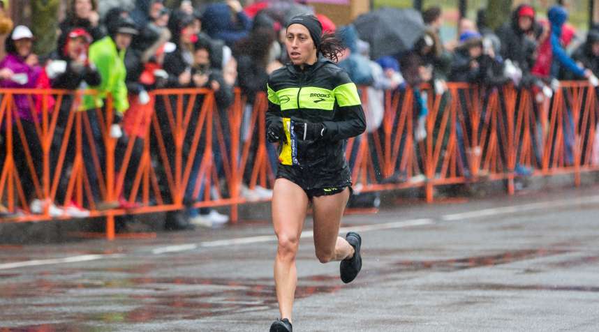 Desiree Linden approaches the 24 mile marker of the 2018 Boston Marathon on April 16, 2018 in Brookline, Massachusetts.