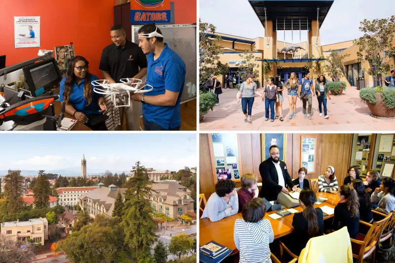 (Clockwise from top left) University of Florida; University of California–Irvine; Emory University; University of California–Berkeley