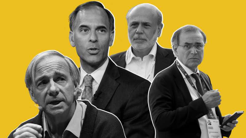 (L-R) Ray Dalio; Mark Zandi; Ben Bernanke; Nouriel Roubini