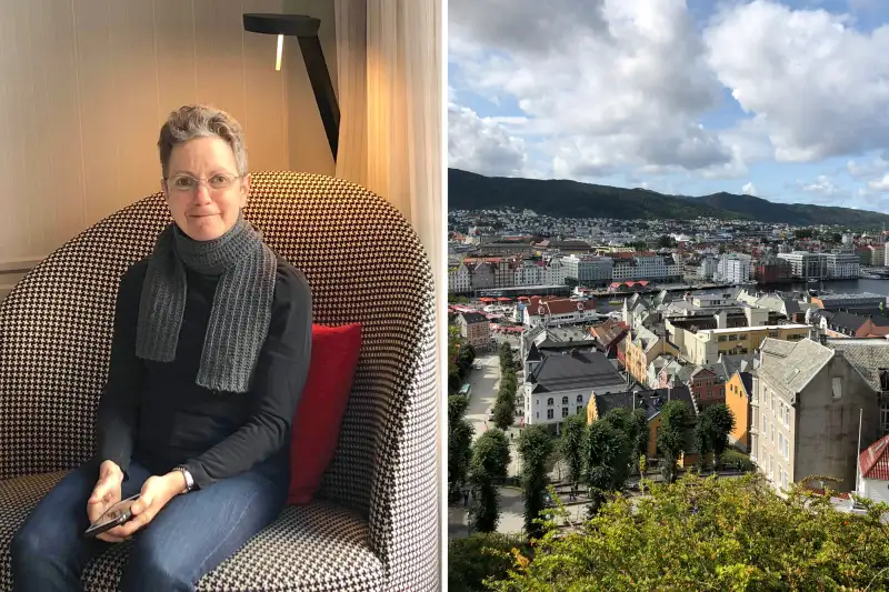 (left) Lisa Phillips in her favorite houndstooth chair at Hotel Bergen Bors in Bergen; (right) View of Bergen