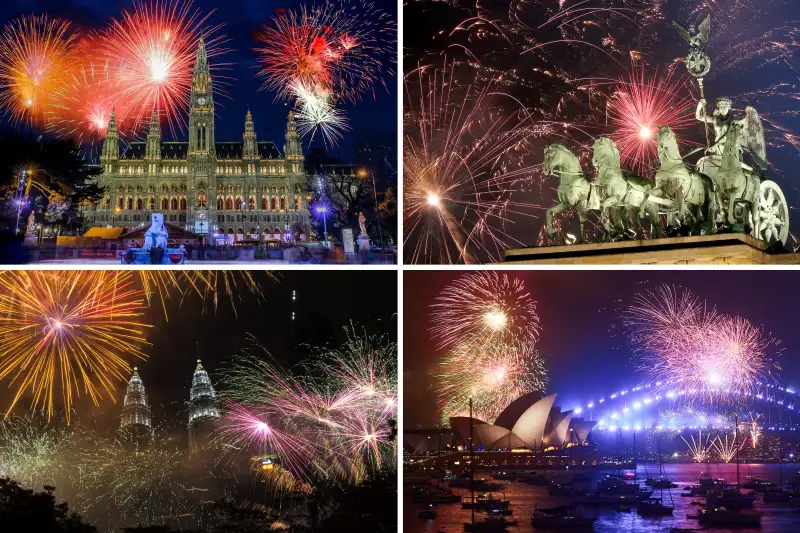 (clockwise from top left) Fireworks over City Hall, New Year's Eve, Vienna, Austria; Fireworks over the Brandenburg Gate during New Year's festivities on January 1, 2018 in Berlin, Germany; Fireworks over the Sydney Harbour Bridge and the Sydney Opera House during the 9pm display on New Year's Eve on Sydney Harbour on December 31, 2017 in Sydney, Australia; Fireworks light up the sky over Petronas Towers during New Year's Eve celebrations in Kuala Lumpur, Malaysia on December 31, 2017.