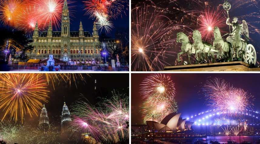 (clockwise from top left) Fireworks over City Hall, New Year's Eve, Vienna, Austria; Fireworks over the Brandenburg Gate during New Year's festivities on January 1, 2018 in Berlin, Germany; Fireworks over the Sydney Harbour Bridge and the Sydney Opera House during the 9pm display on New Year's Eve on Sydney Harbour on December 31, 2017 in Sydney, Australia; Fireworks light up the sky over Petronas Towers during New Year's Eve celebrations in Kuala Lumpur, Malaysia on December 31, 2017.