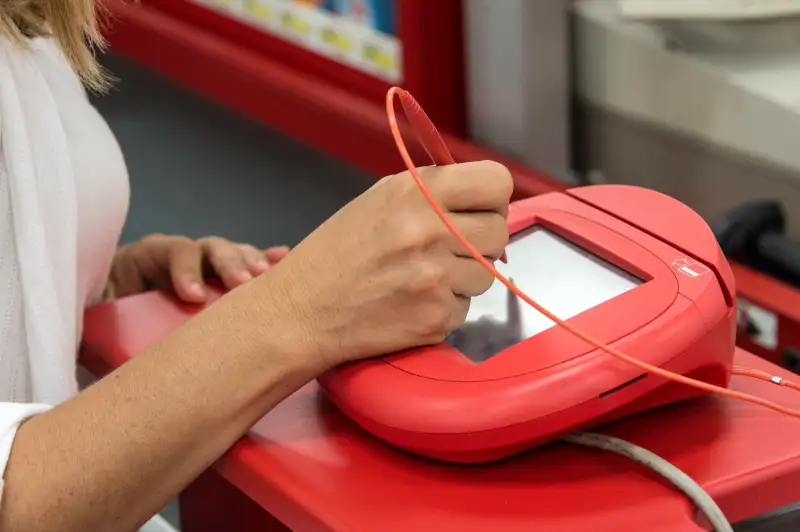 Mature woman electronic signing her bill