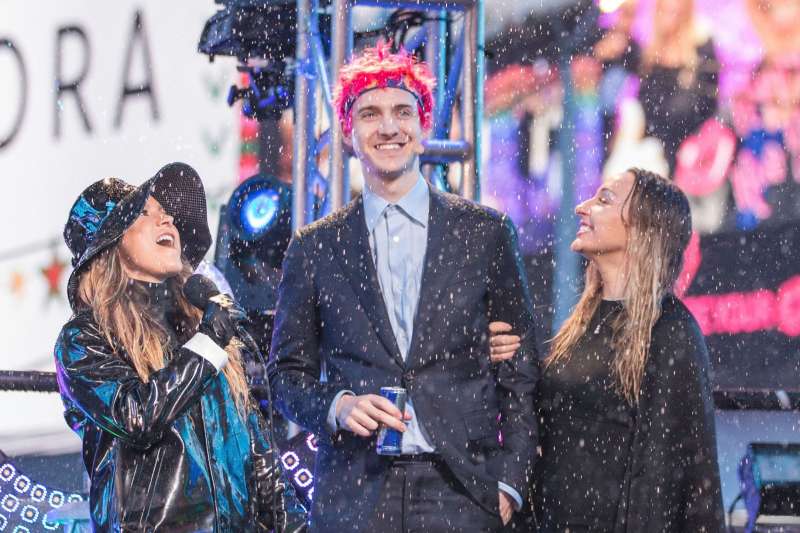Allison Hagendorf, left and Tyler 'Ninja' Blevins on stage at the New Year's Eve celebration in Times Square, in New York, December 31, 2018.