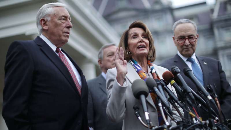 (L-R) House Minority Whip Steny Hoyer (D-MD), Senate Minority Whip Richard Durbin (D-IL), House Speaker designate Nancy Pelosi (D-CA) and Senate Minority Leader Charles Schumer (D-NY) talk to journalists following a meeting with U.S. President Donald Trump, Homeland Security Secretary Kirstjen Nielsen and fellow members of Congress about border security at the White House January 02, 2019 in Washington, DC.