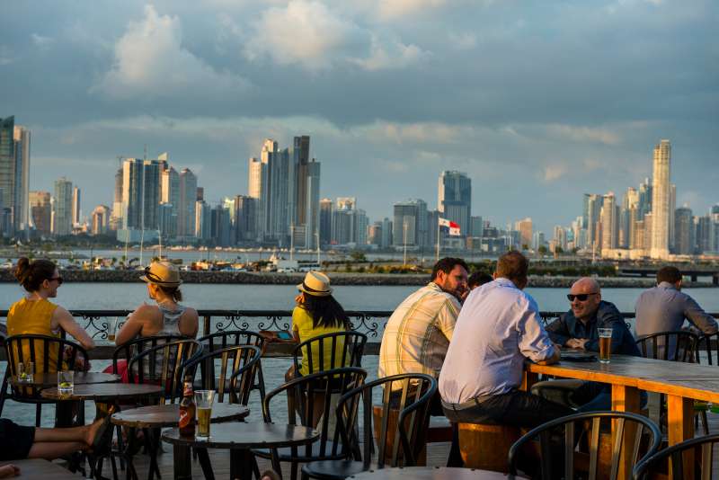 Bar in Casco Viejo overlooking the skyline of Panama City, Panama