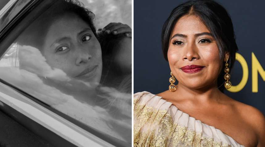 (left) Yalitza Aparicio as Cleo in 'Roma,' written and directed by Alfonso Cuarón; (right) Yalitza Aparicio attends Los Angeles premiere of 'Roma' at American Cinematheque's Egyptian Theatre on December 10, 2018 in Hollywood, California.