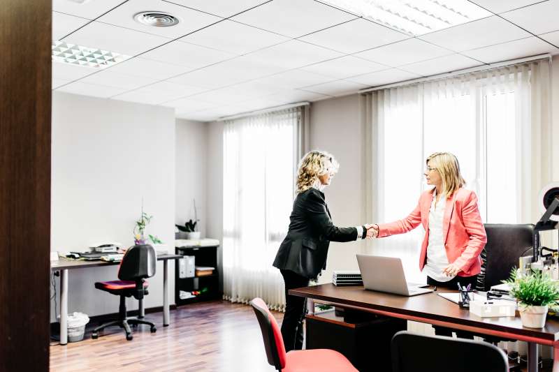 Two businesswomen shaking hands in office