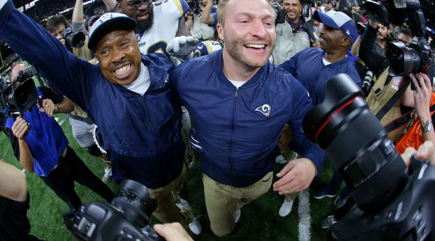 Head coach Sean McVay of the Los Angeles Rams celebrates after defeating the New Orleans Saints in the NFC Championship game on January 20, 2019.