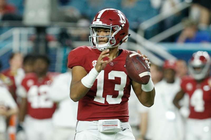 Tua Tagovailoa #13 of the Alabama Crimson Tide looks to pass against the Oklahoma Sooners during the College Football Playoff Semifinal on December 29, 2018.