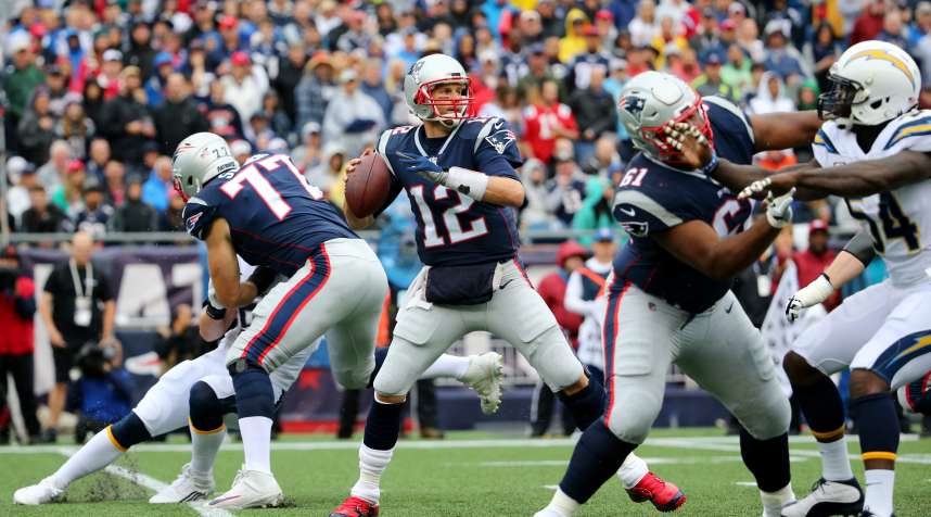 Tom Brady of the New England Patriots, facing the Los Angeles Chargers at Gillette Stadium on October 29, 2017.