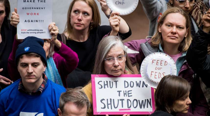 Federal workers and contractors, along with their unions, staged a protest calling for and end to the government shutdown and back pay in the Hart Senate Office Building on Jan. 23, 2019