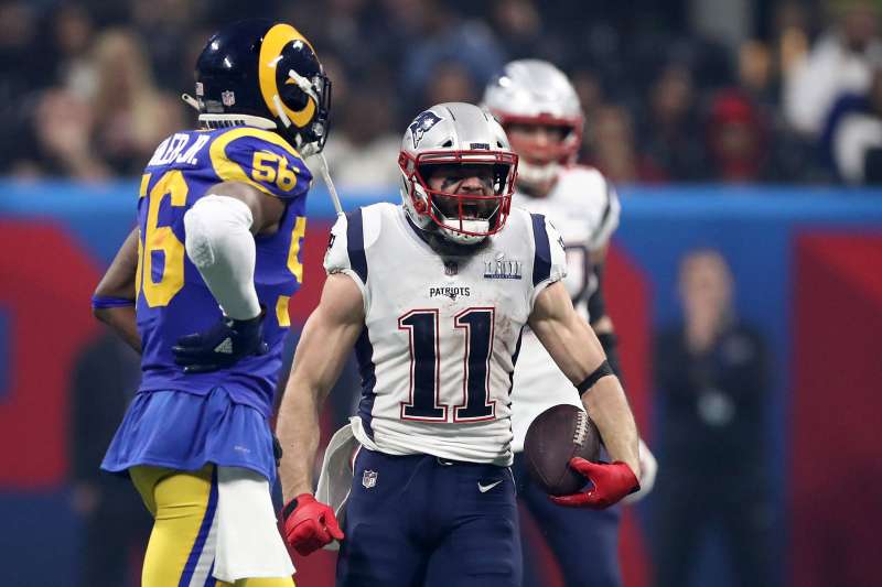 Julian Edelman #11 of the New England Patriots celebrates a first down reception against the Los Angeles Rams at Super Bowl LIII on February 03, 2019 in Atlanta.