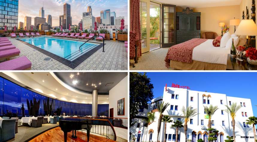 (clockwise from top left) Freehand LA; Hotel Encanto de las Cruces; Ibis Meknes; Hotel Dann Carlton