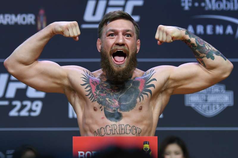 Conor McGregor poses during the UFC 229 weigh-in inside T-Mobile Arena on October 5, 2018, in Las Vegas, Nevada.