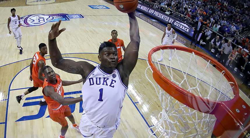 Zion Williamson of Duke dunks the ball against Syracuse on March 14, 2019 in Charlotte, North Carolina.