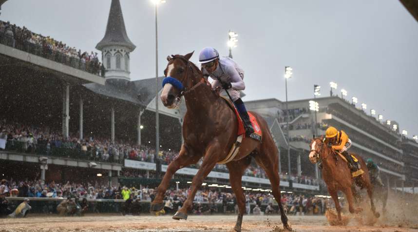 Justify with Mike Smith wins the 2018 Kentucky Derby at Churchill Downs Racetrack on May 5, 2018.