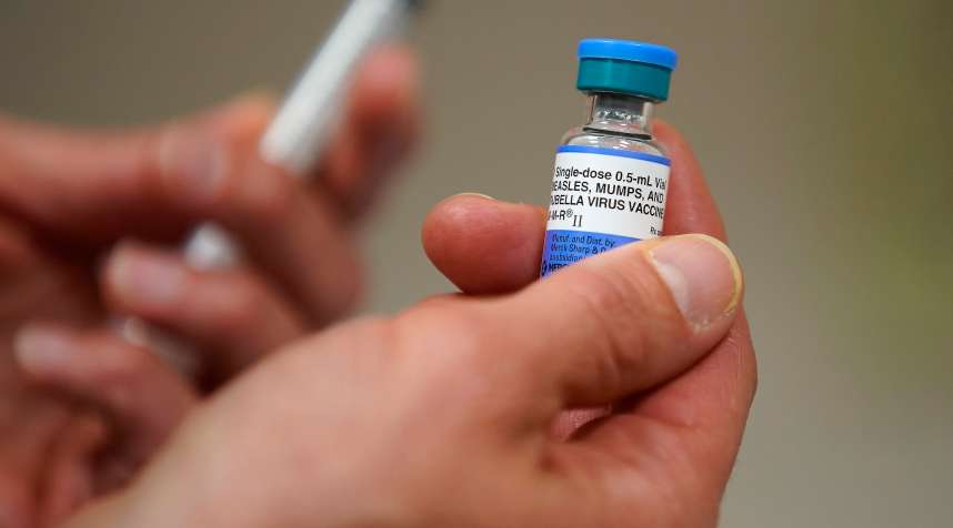One dose bottle of measles, mumps and rubella virus vaccine, at Utah's Salt Lake County Health Department on April 26, 2019.