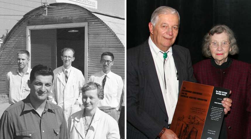 (left) American researchers David and Alice Schwartz (fore) pose with their staff outside the quonset hut that houses their company, Bio-Rad Laboratories, Berkeley, California, July 1, 1955.; (right) Chemists David Schwartz and Alice Schwartz and Norman Schwartz at the Pittsburgh Conference on Analytical Chemistry and Applied Spectroscopy (Pittcon) and the Chemical Heritage Foundation, February 25, 2007.