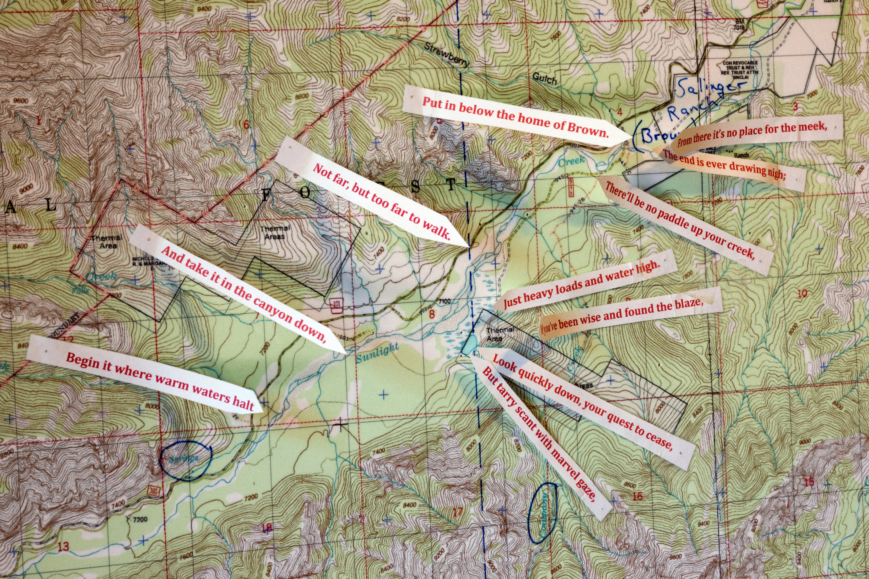Map of Cynthia Meachum's search area in Wyoming marked with clues from Forrest Fenn's poem in the  war room  of her home in Rio Rancho, NM, May 29, 2019.