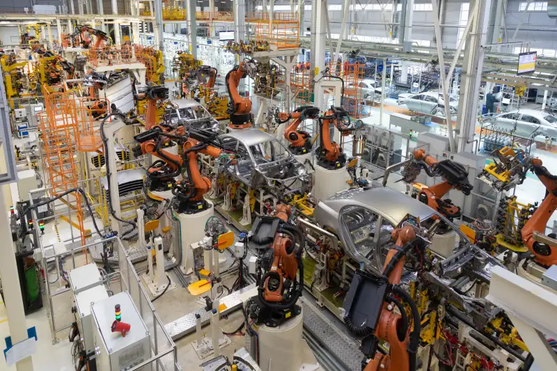 body of car on conveyor top view. Modern Assembly of cars at the plant. The automated build process of the car body