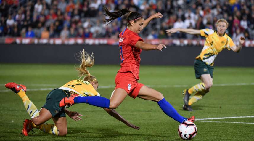 Alex Morgan #13 of the United States takes a shot in a match against Australia on April 4, 2019, in Colorado.
