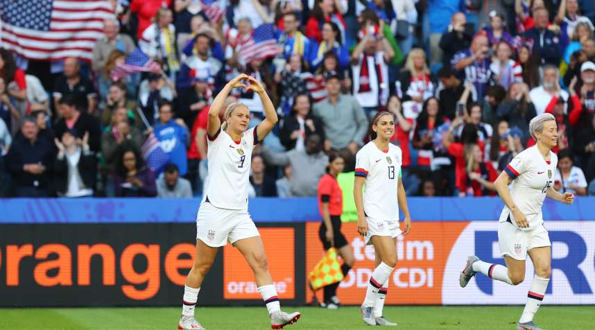 Lindsey Horan of the USA celebrates with teammates Alex Morgan and Megan Rapinoe after scoring during the 2019 FIFA Women's World match against Sweden on June 20, 2019 in Le Havre, France.