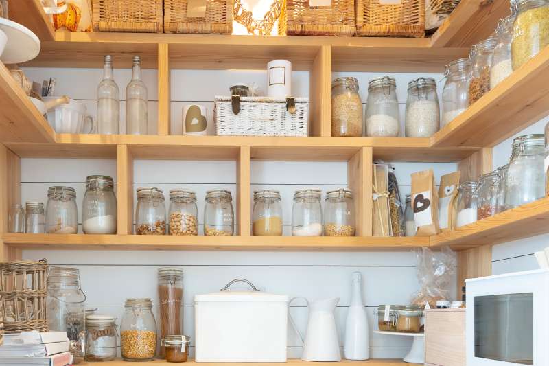 Baskets and jars in pantry