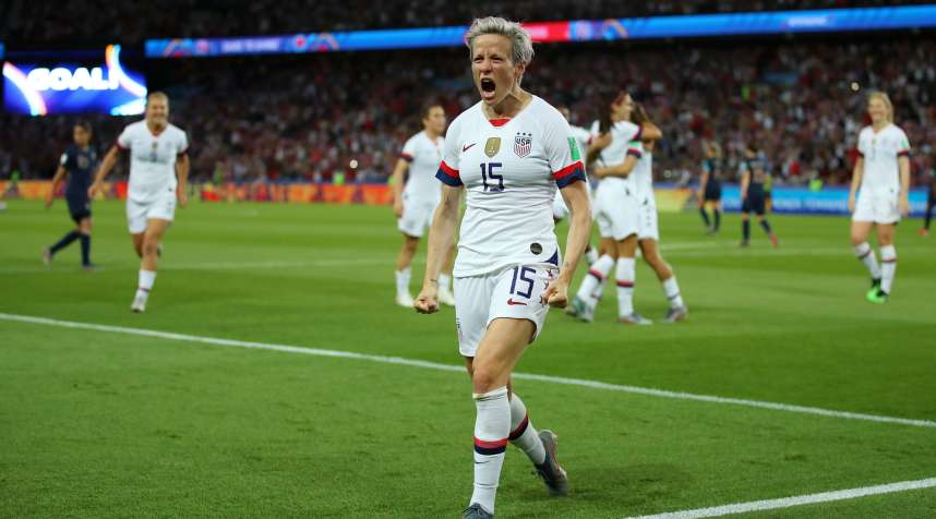 Megan Rapinoe of the USA celebrates after scoring her team's second goal during the 2019 FIFA Women's World Cup match against France on June 28, 2019 in Paris.