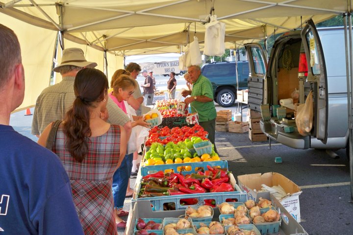 Crowd at a farmer's market in Bowie, Maryland