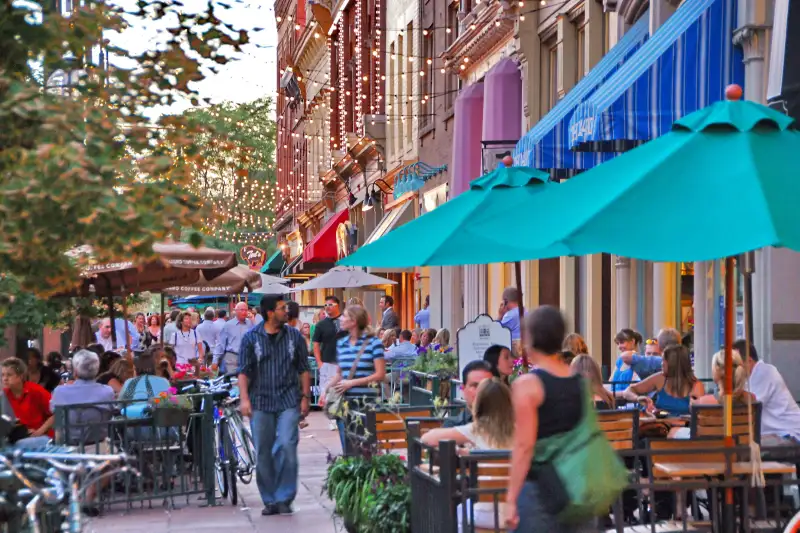 Outdoor restaurant seating in the evening in Lodo Denver