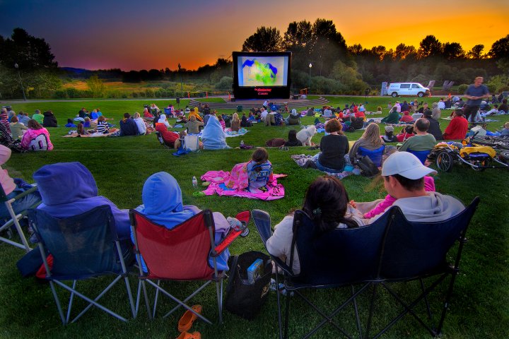 community watching a movie at an outdoor theater in Salem, Oregon