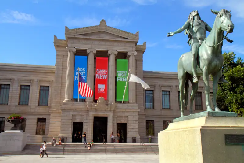 Appeal to the Great Spirit 1909 equestrian statue by Cyrus Dallin outside the Museum of Fine Arts.