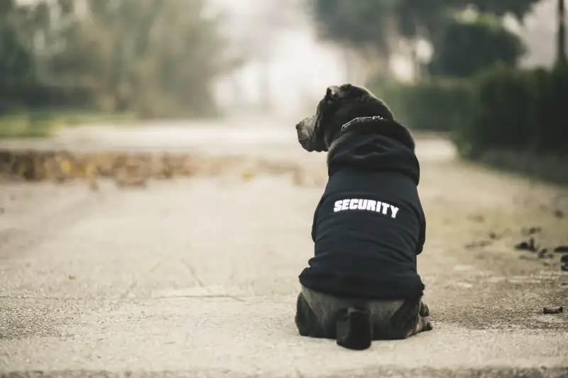 Dressed shar pei dog wearing hoodie sitting on a road