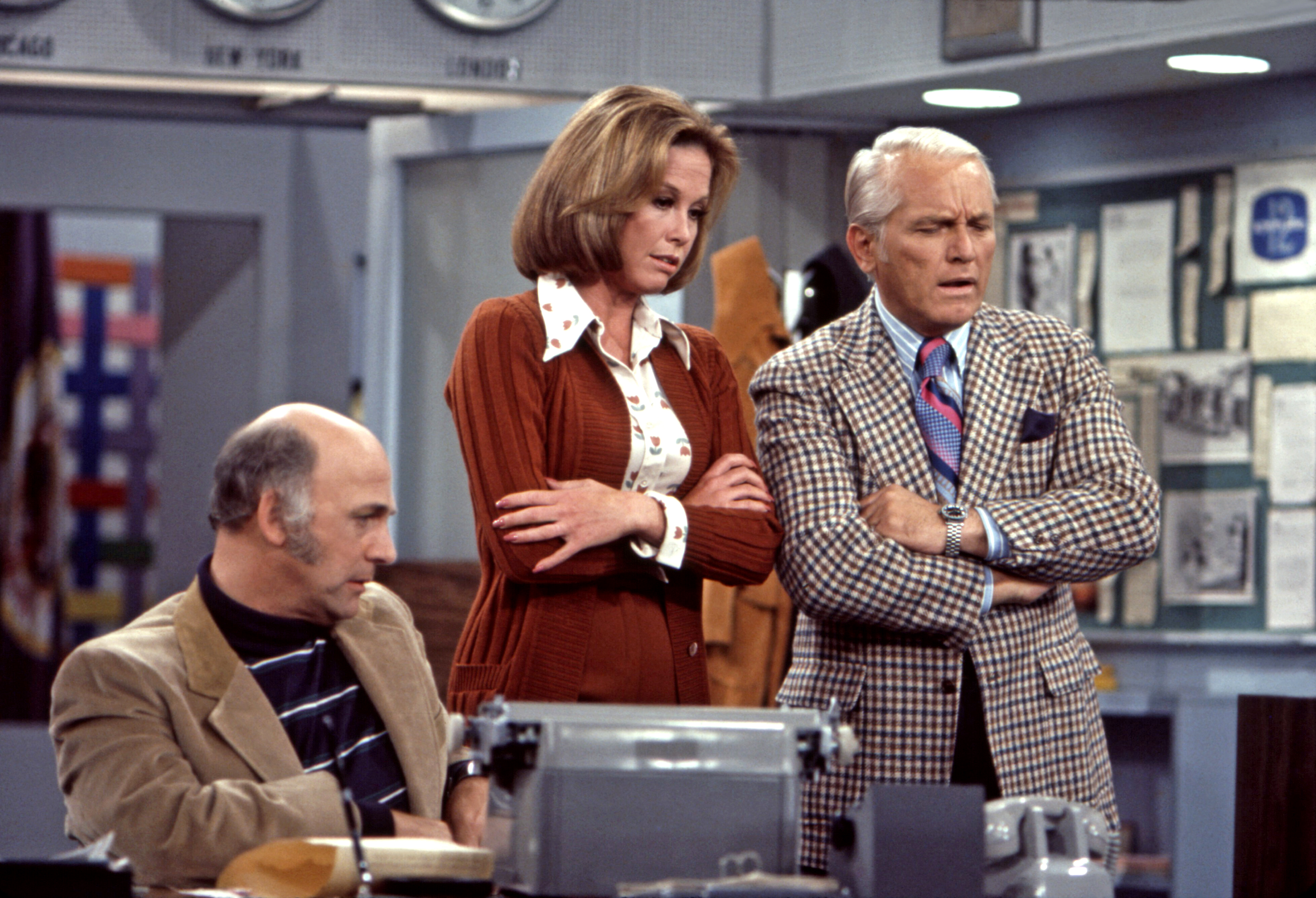 Gavin MacLeod, Mary Tyler Moore and Ted Knight rehearse scene from the Mary Tyler Moore Show, Sound