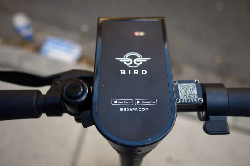 Close-up view of the handlebar of a Bird branded electric scooter.