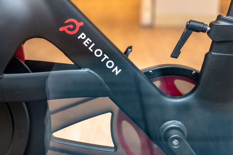 Part of a 'Peloton' gym bicycle which is in exhibit on a