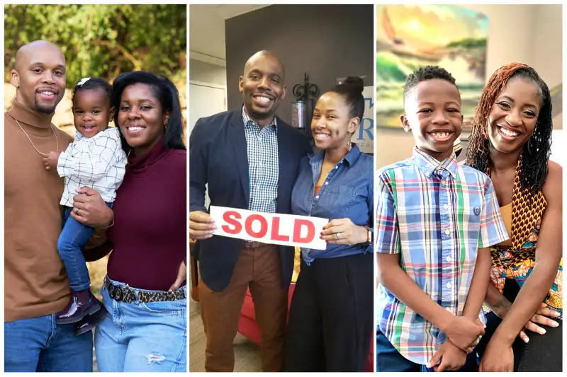 From left: Cameron and Kescheler Powell with their two-year-old daughter; Jamar and Cherisse Hudson the day they bought their home; Such Charles with her nine-year-old son.