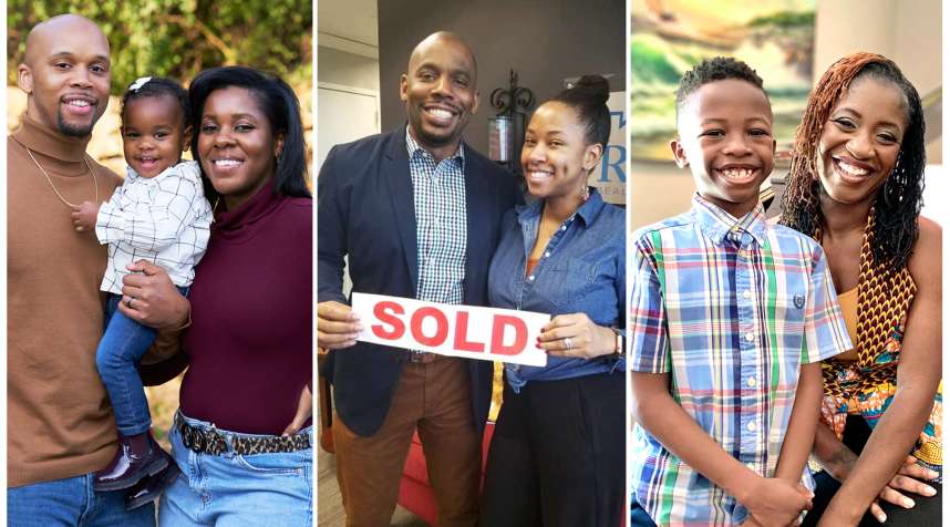 From left: Cameron and Kescheler Powell with their two-year-old daughter; Jamar and Cherisse Hudson the day they bought their home; Such Charles with her nine-year-old son.