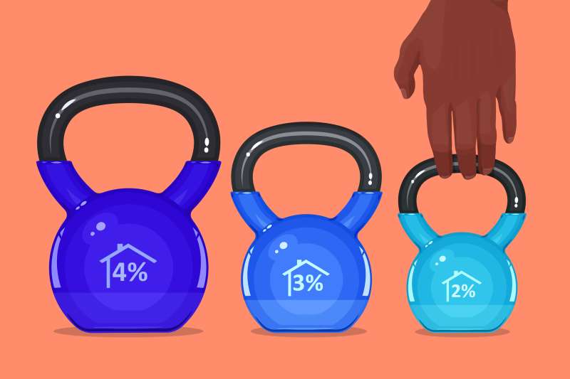 three blue kettlebells in a row with percentages written on them in descending order and size