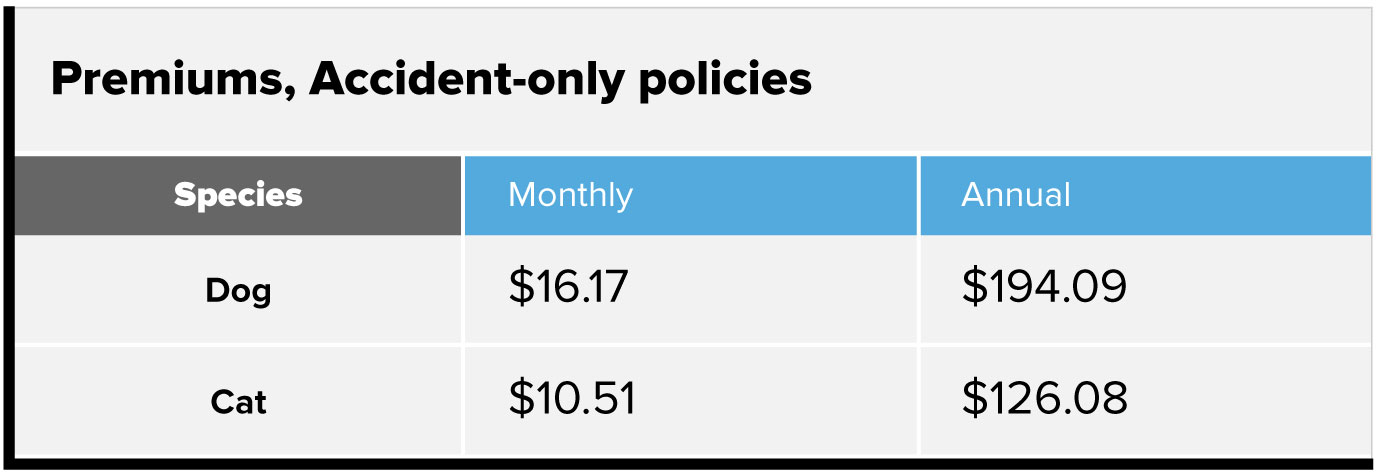 Premiums, accident-only policies chart. Dog, $16.17 monthly, $194.09 annually. Cat, $10.51 monthly, $126.08 annually.