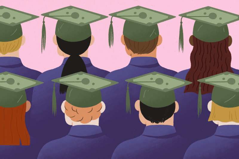 Illustration of two rows of students from behind wearing a graduation gown and a cap made out of money
