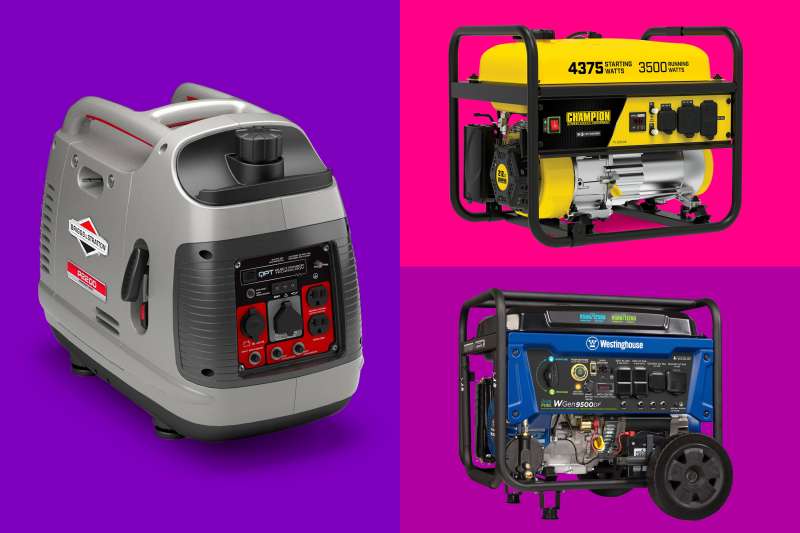 A collage of three generators, each with a different colored background. The purple background takes up the entire left half with a gray generator. The right half is split into two halves, one bright pink and one magenta.