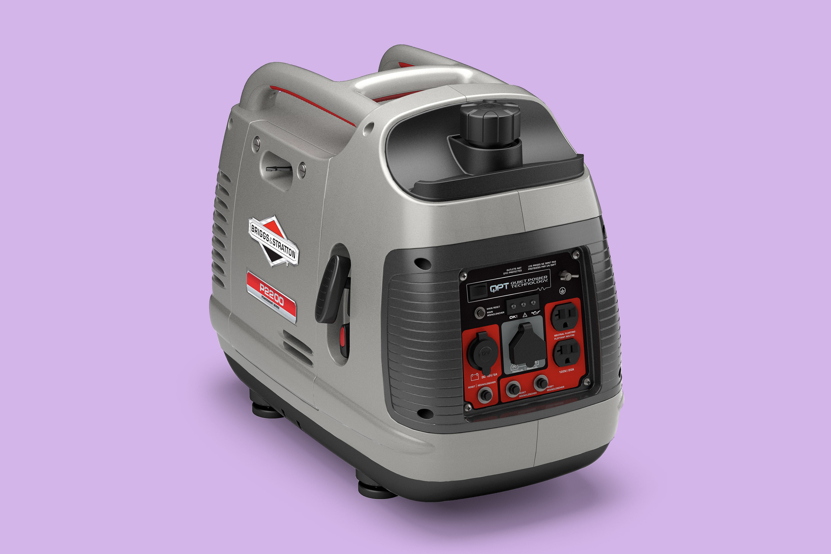 Briggs and Stratton gray inverter power generator in front of a purple background