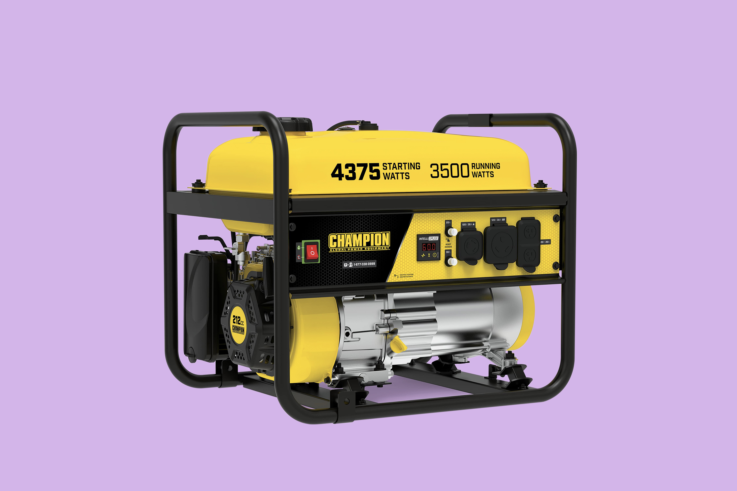 A black and yellow Champion power generator in front of a purple background