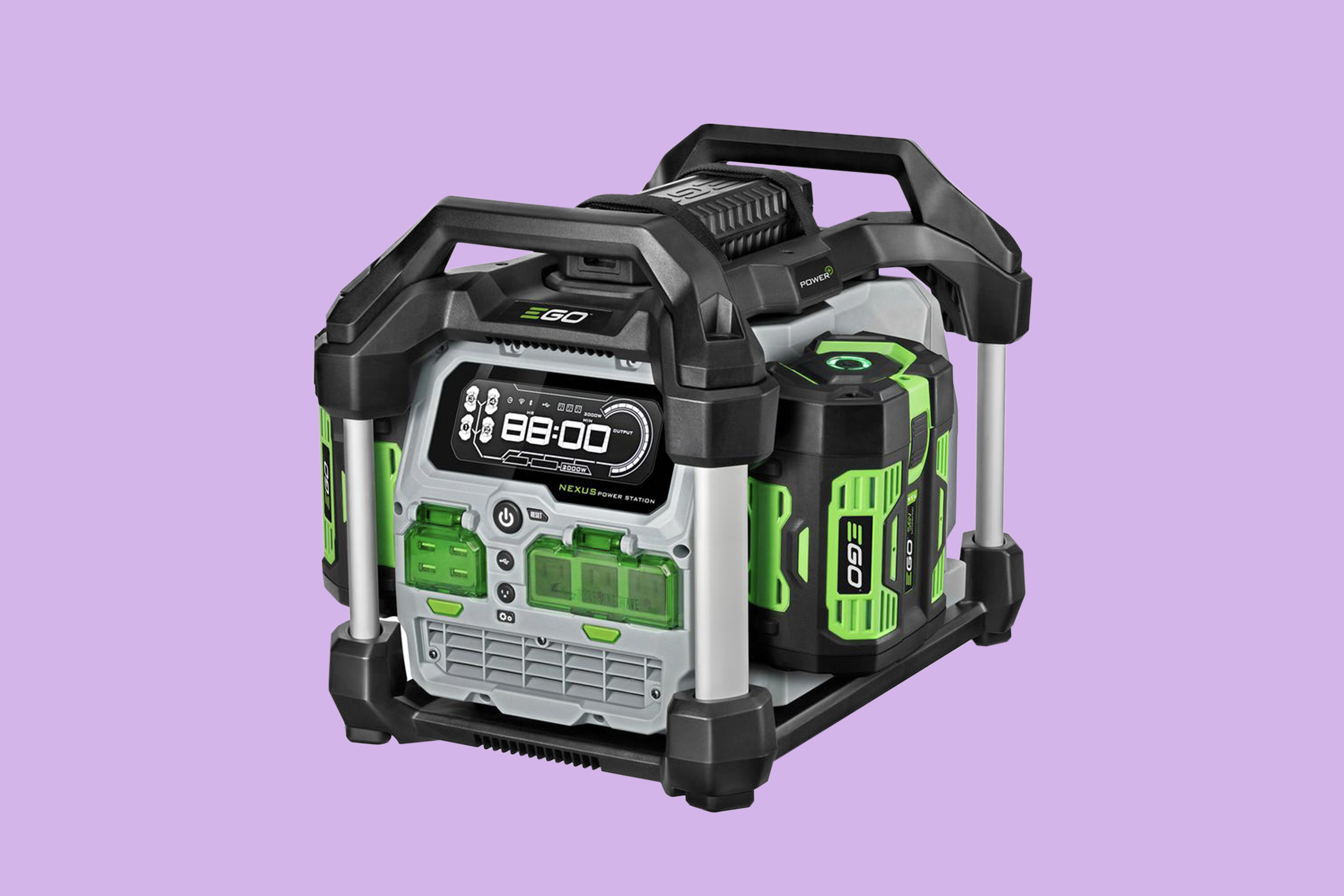 Green, black, and gray generator in front of a purple background