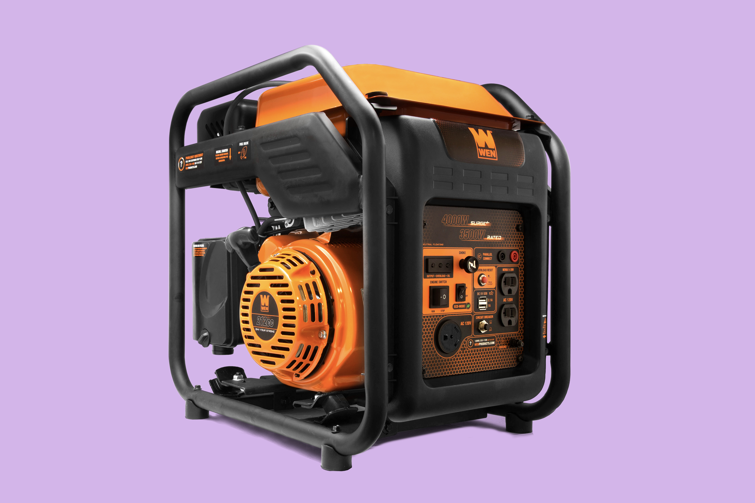 An orange and black WEN inverter generator in front of a purple background