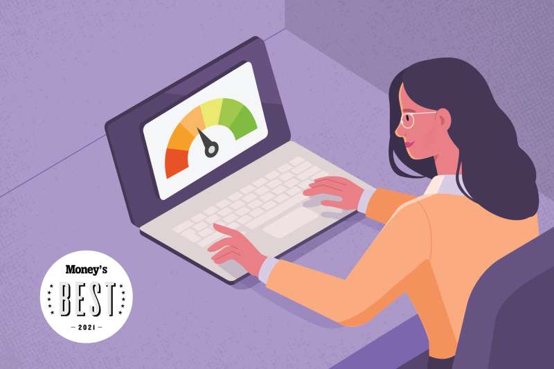 woman sits at laptop with credit score gauge graphic. computer with 2021 Money Best How To Remove Items From Credit Report